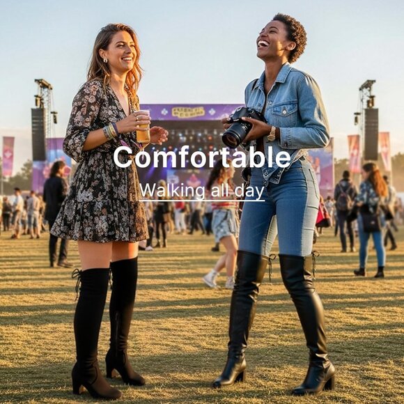 Women's Black Suede Chunky Heels Zipper Over The Knee High Adjustable Boots - Picture 2 of 9